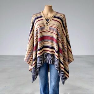 Janice Striped Multicolor Poncho with Lace-Up Neckline
